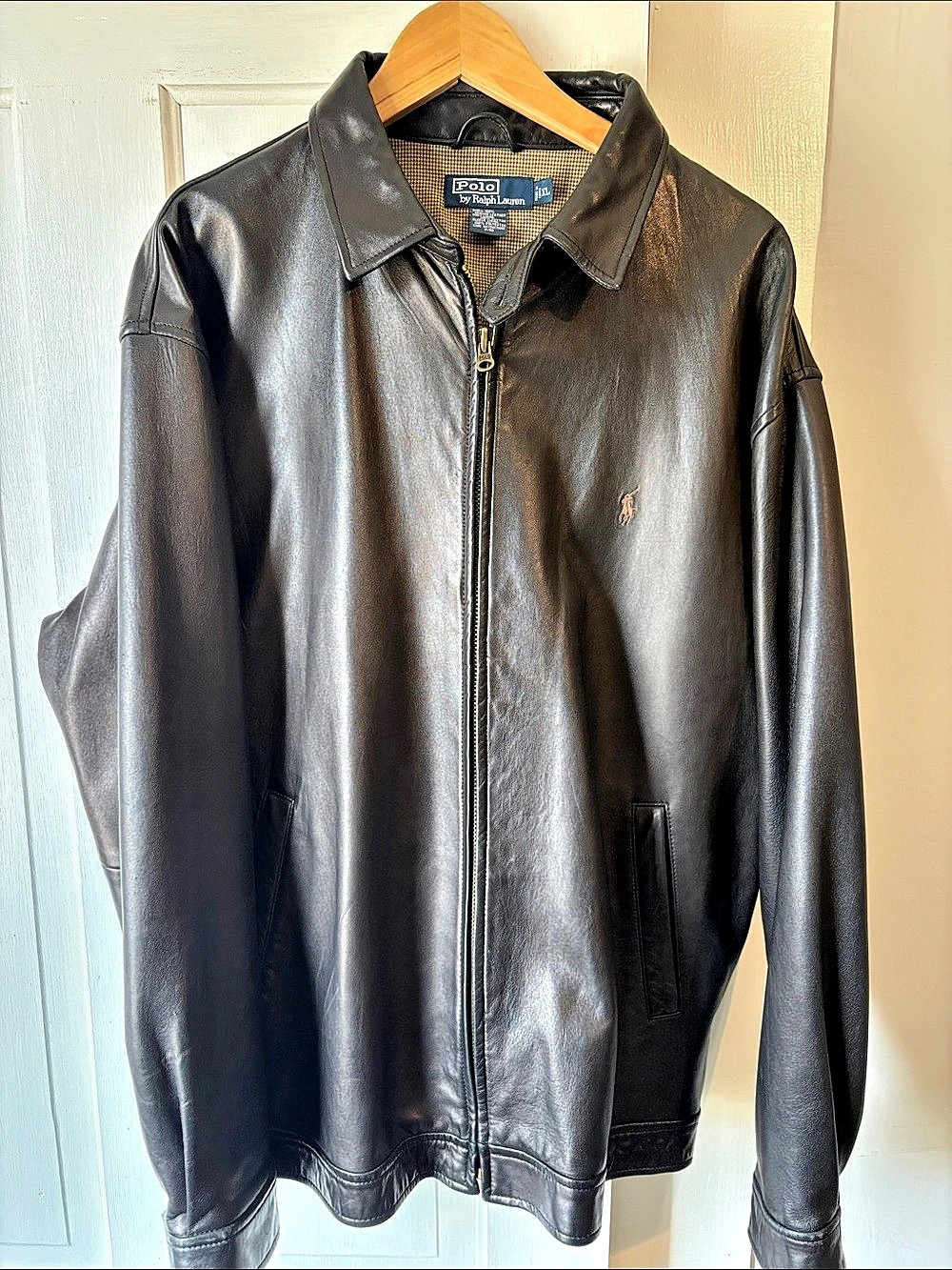 Polo by Ralph Lauren Vintage Leather Bomber Jacket with Houndstooth Lining Black